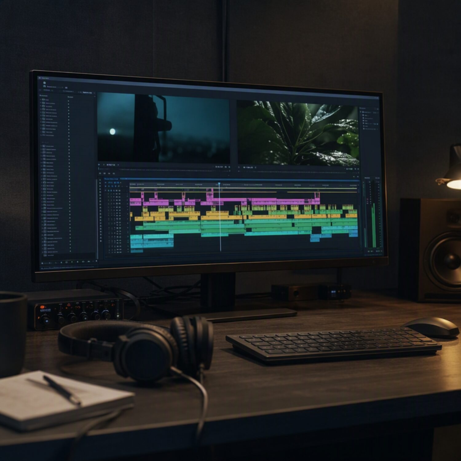 An editing desk with a timeline on screen