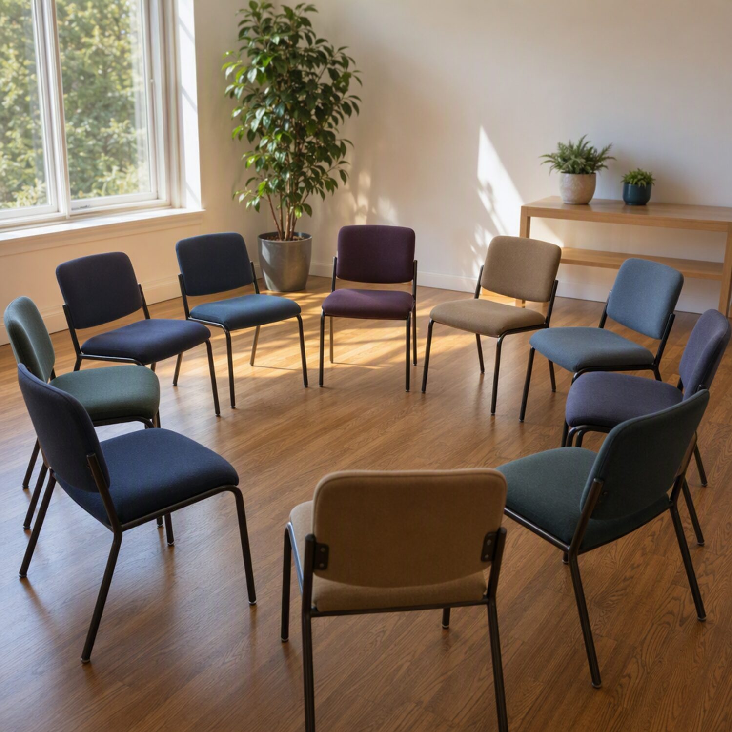 A circle of chairs in a community room