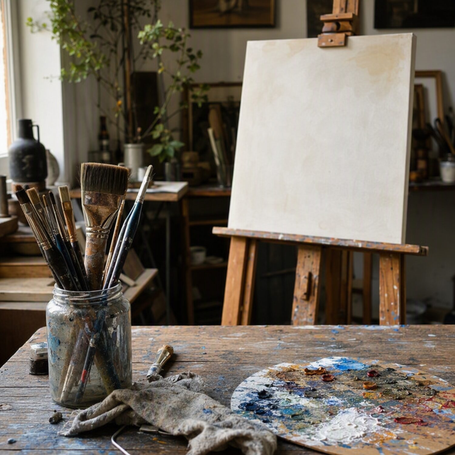 An artist's easel, palette and brushes