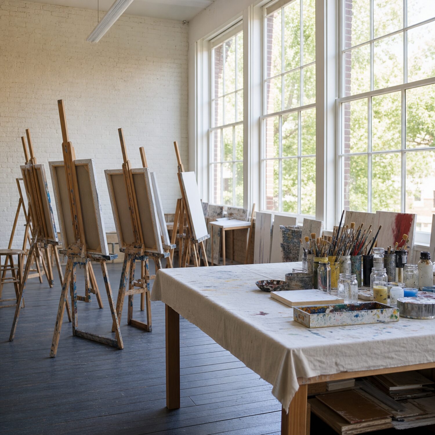An art classroom with easels and supplies