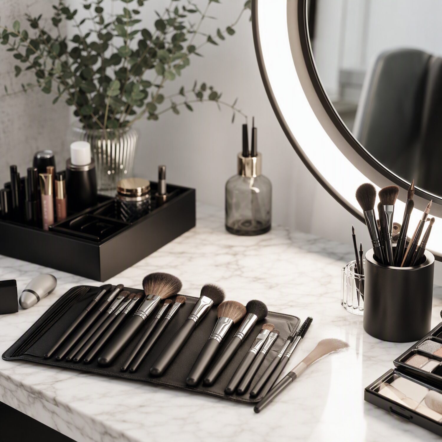 Makeup brushes laid out at a styling station
