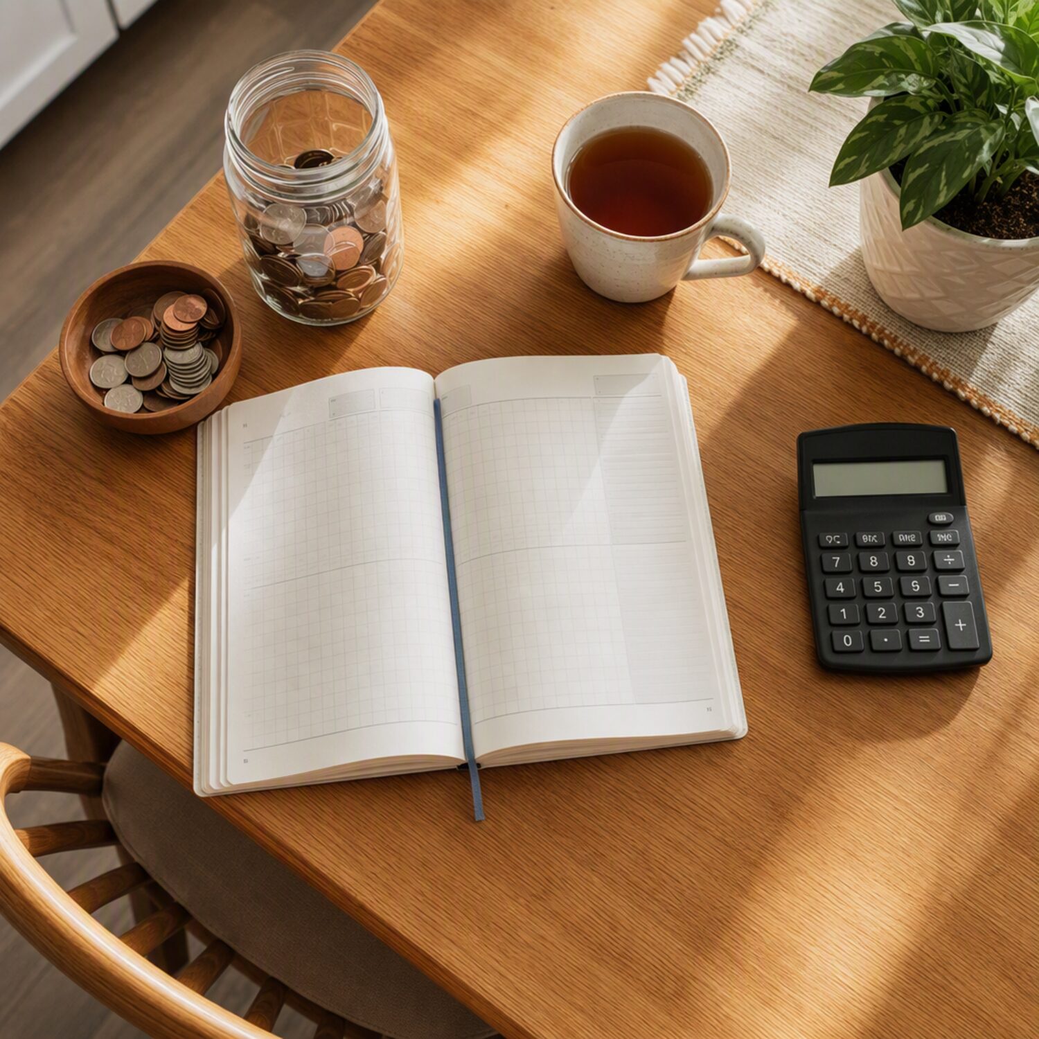 A planner, calculator and coin jar on a kitchen table