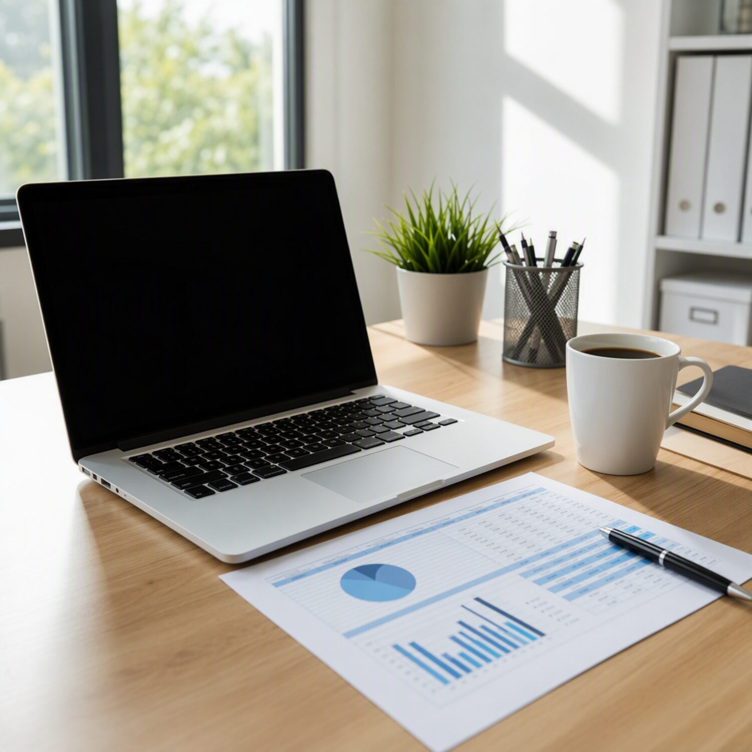 A laptop and printed spreadsheet on an office desk