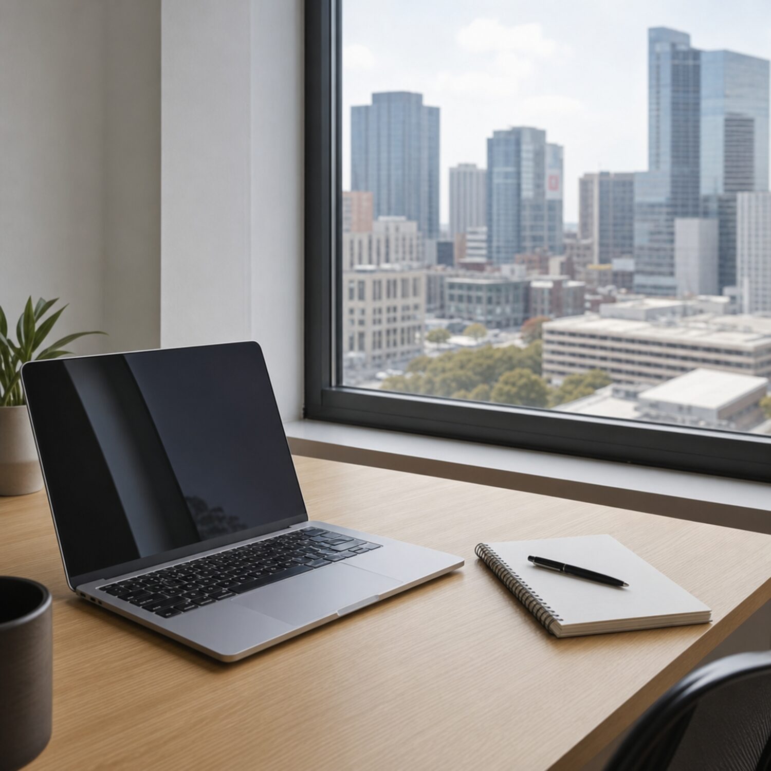 A consultant's desk with a laptop and notebook