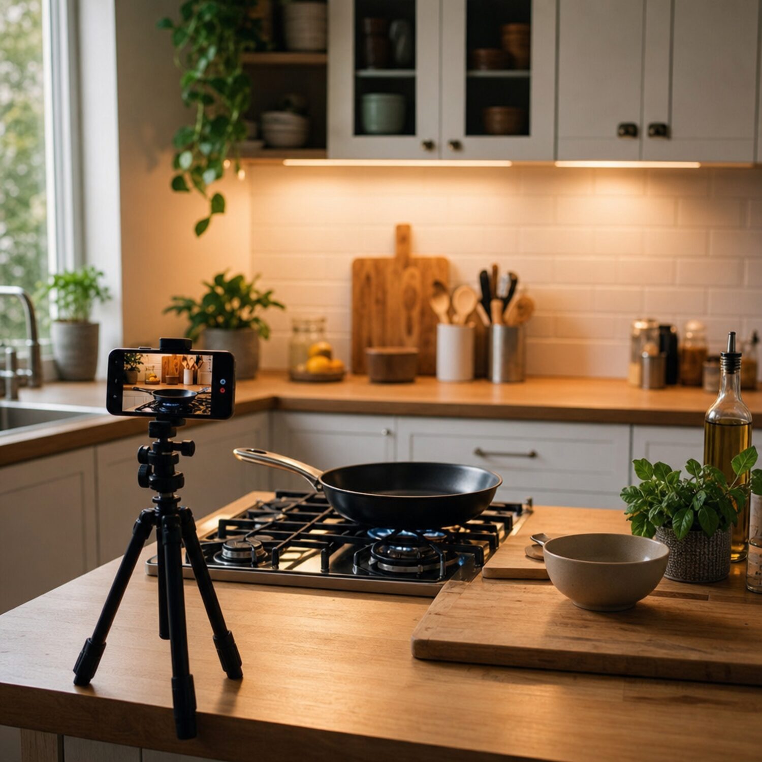 A kitchen set up to film a cooking class