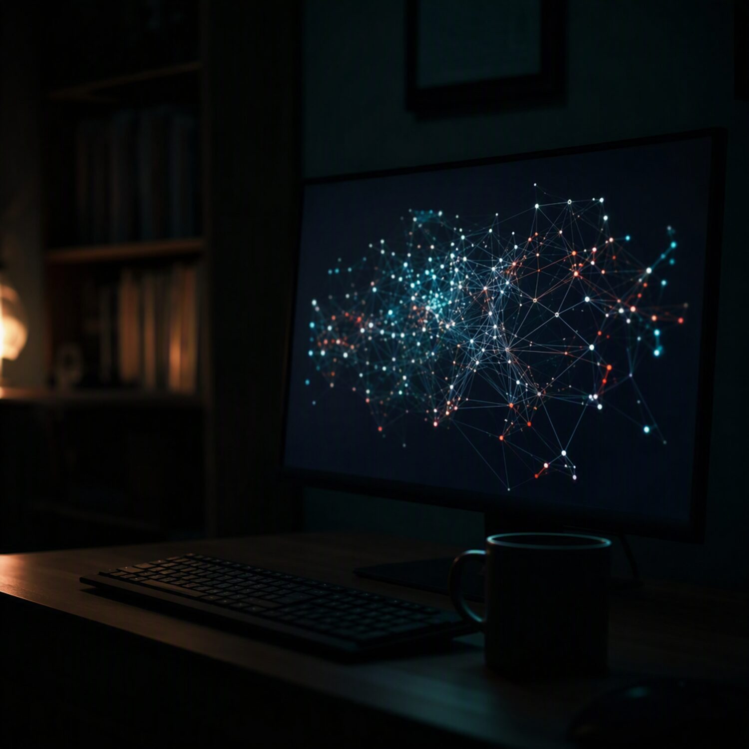 A monitor showing an abstract network graph in a dim room
