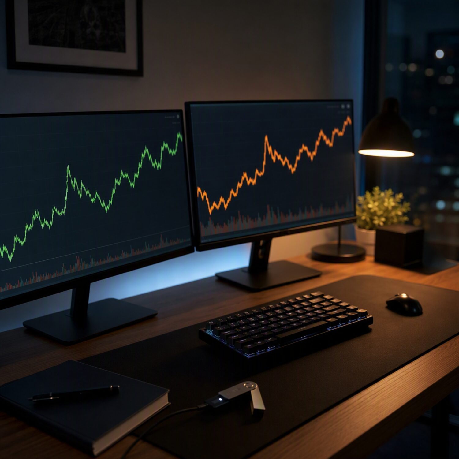 A night-time desk setup with charts on two monitors