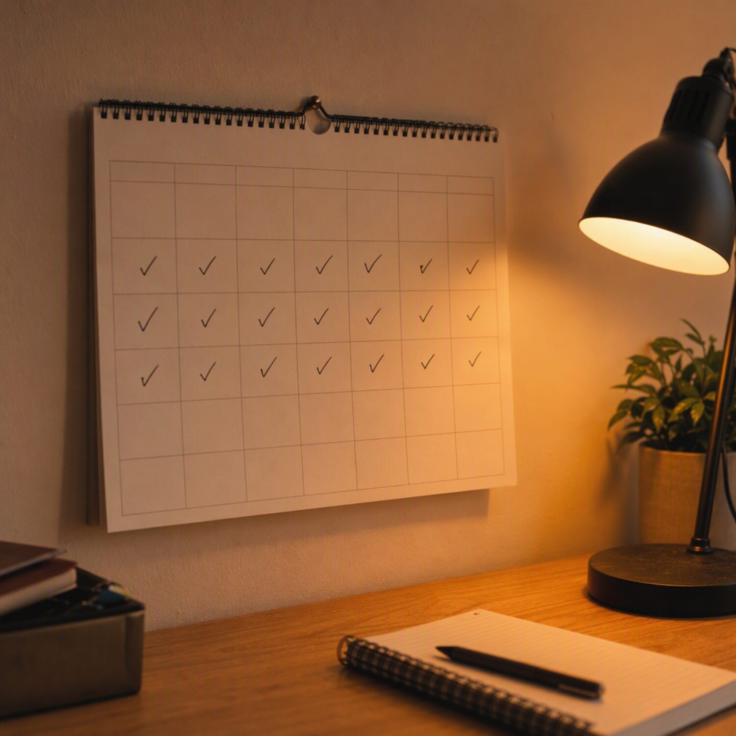 A wall calendar with progress ticks beside a notebook