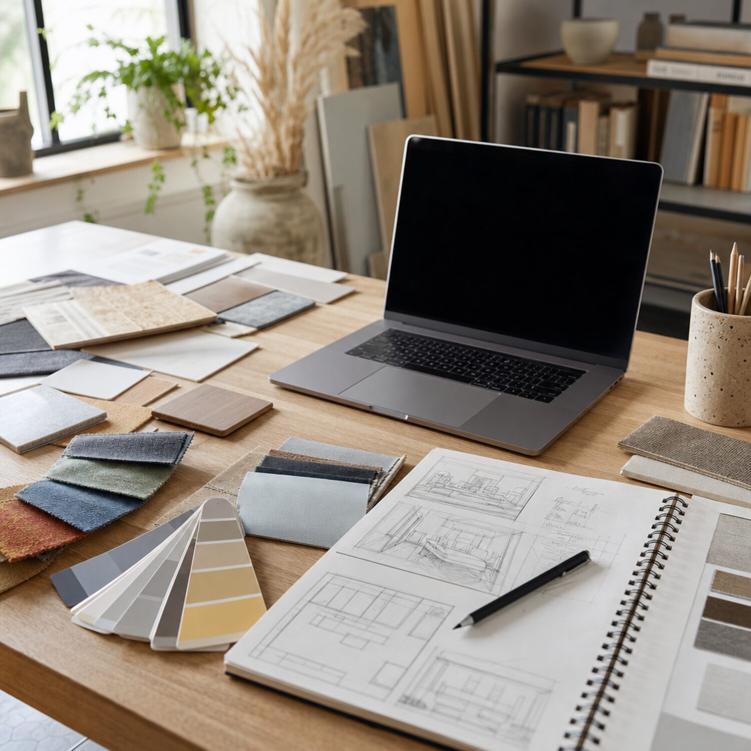 Colour swatches and sketches on a designer's desk