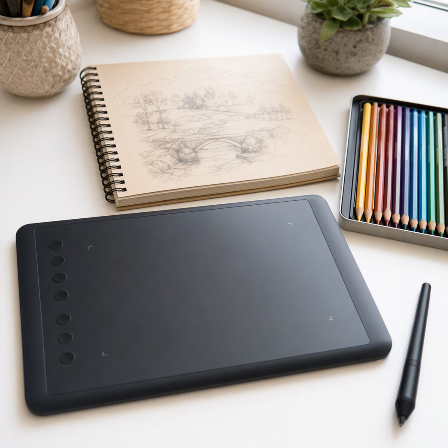 A drawing tablet and sketchbook on a studio desk