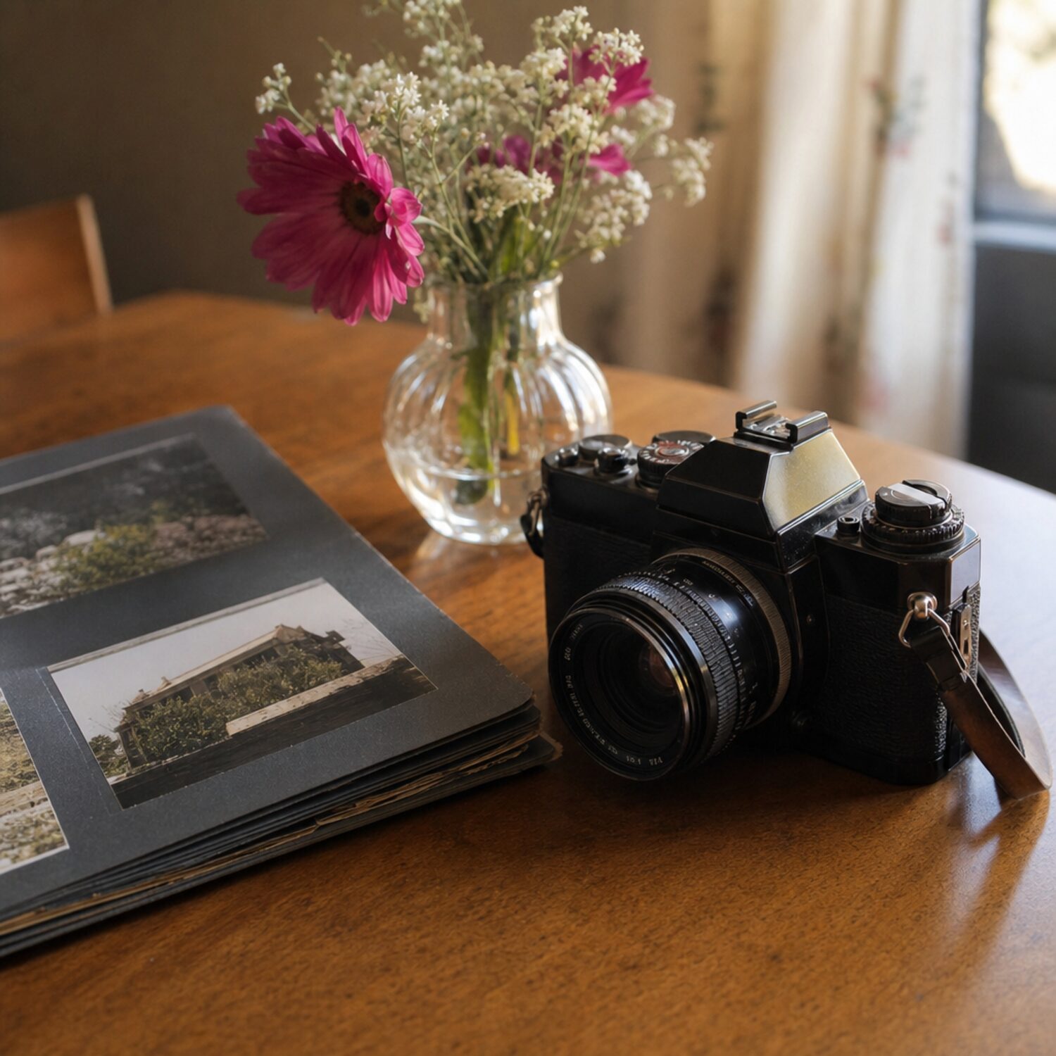 A camera and photo album on a table