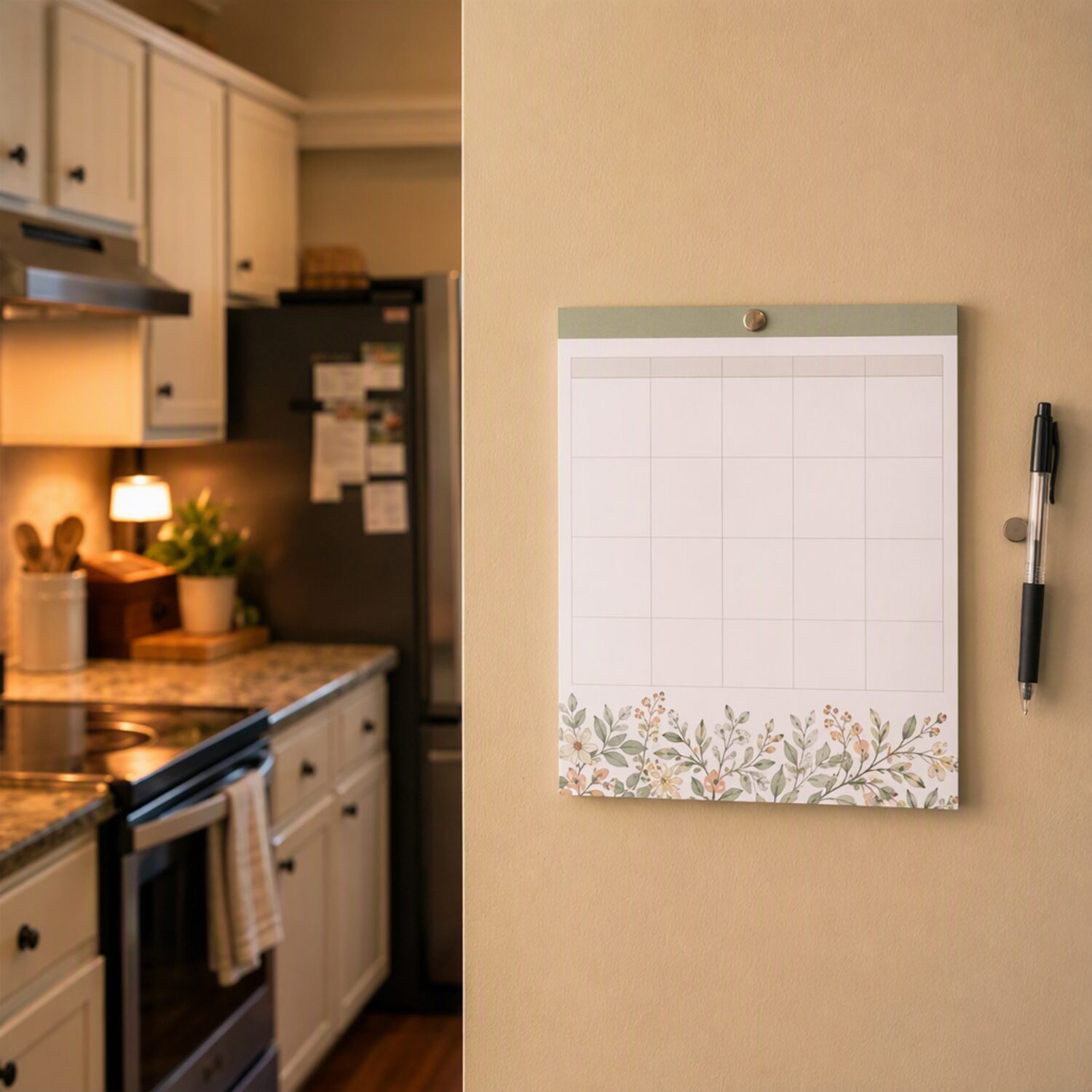 A family planner on a kitchen wall