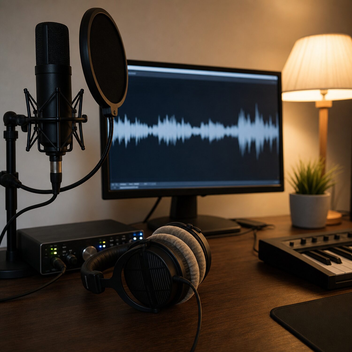 A home studio with microphone and headphones