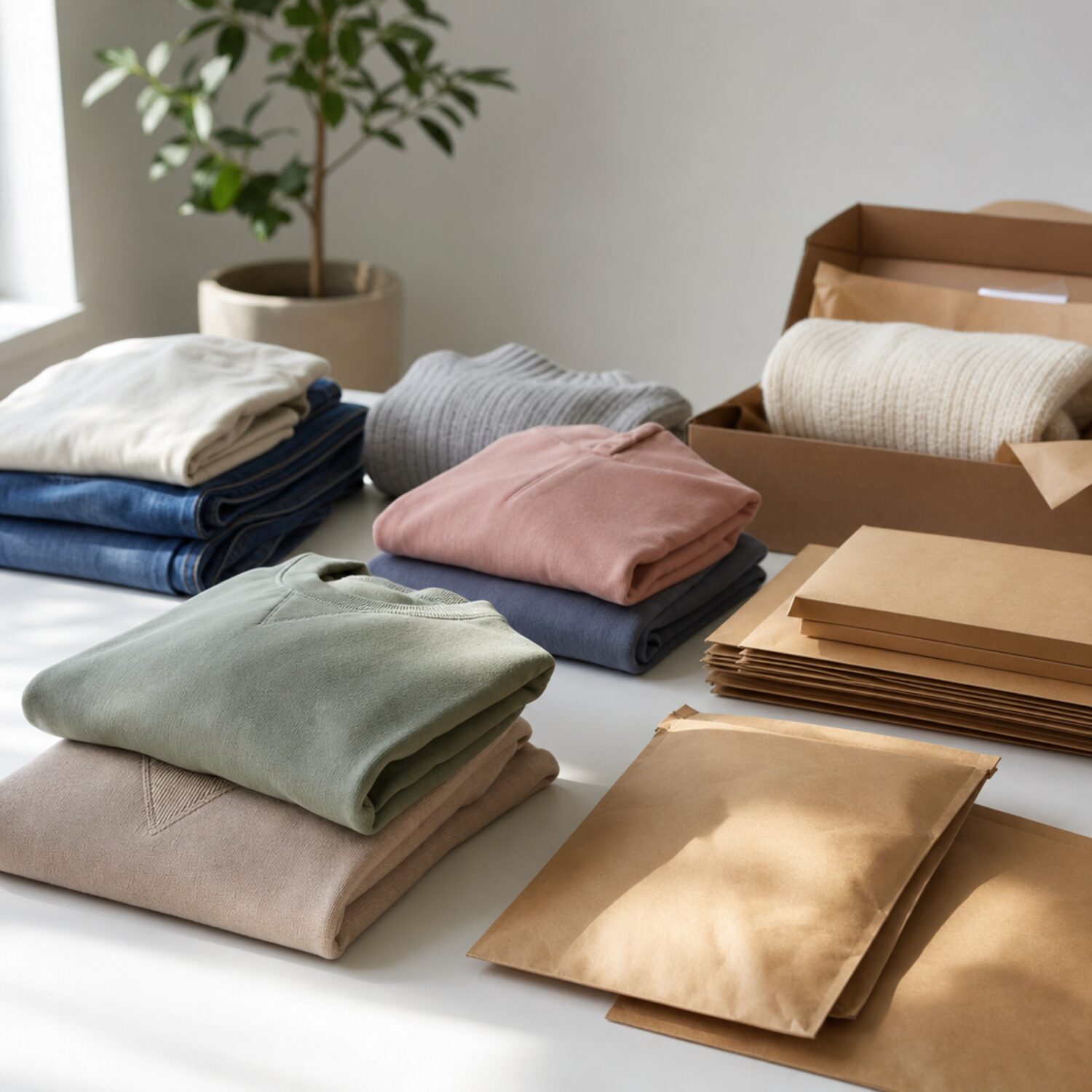 Folded clothing and mailers ready to post