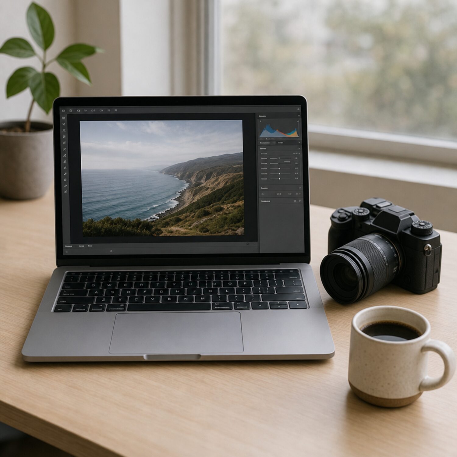 A laptop and camera on an editing desk