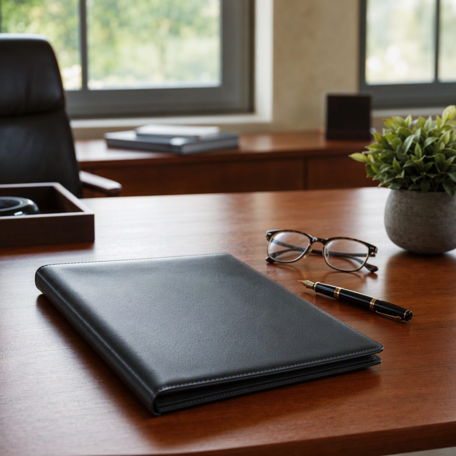 A leather folder and pen on a calm office table