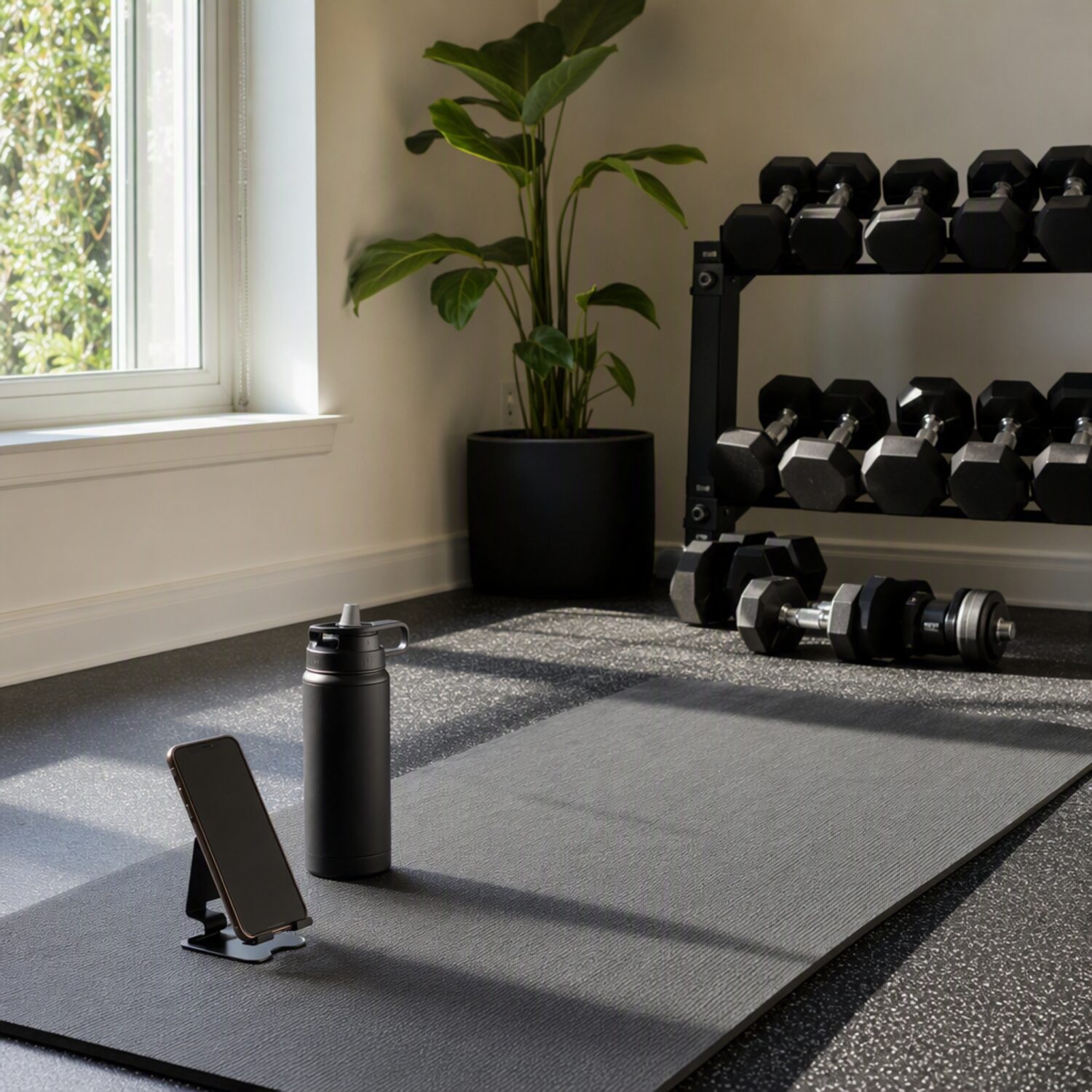 A home gym set up with weights and a mat