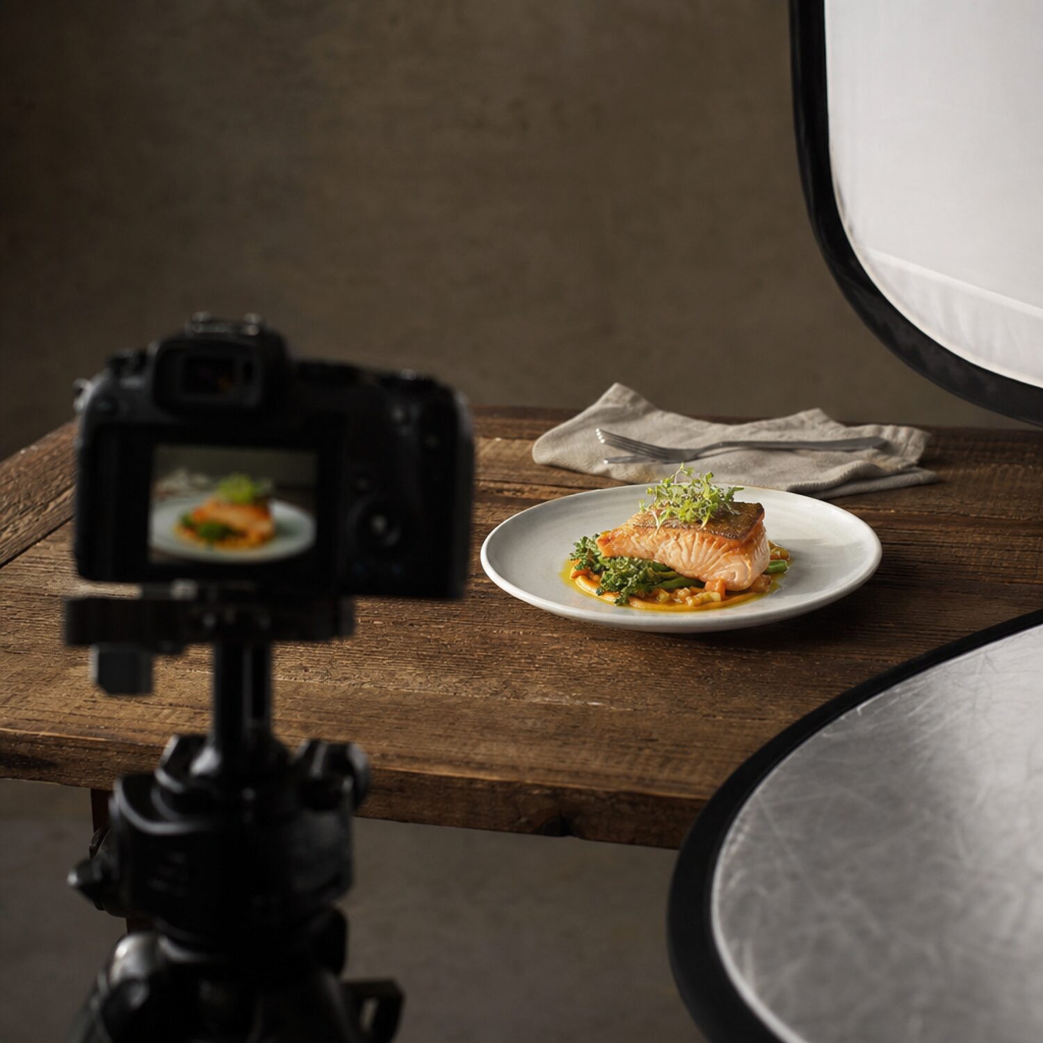 A food photography setup with camera and dish