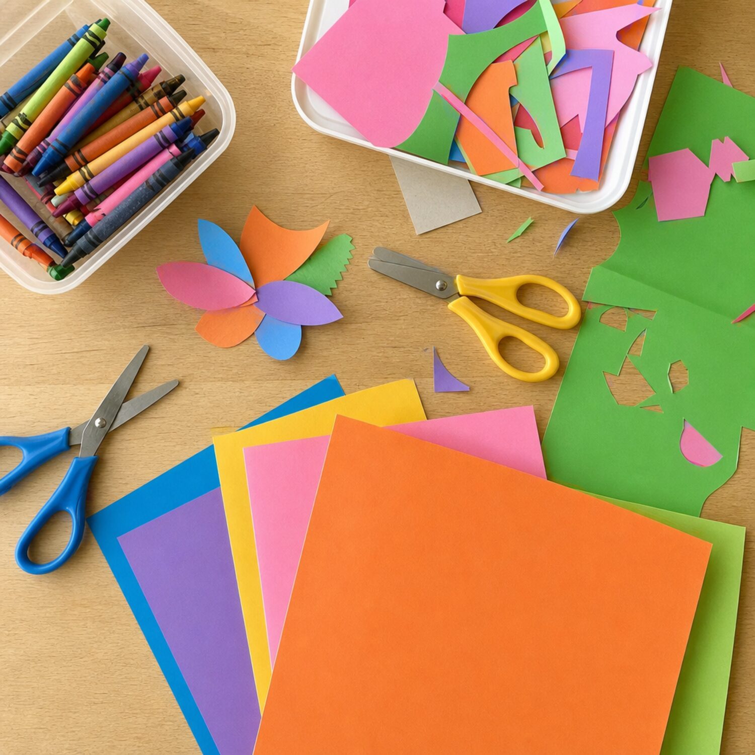 A children's craft table with paper and crayons