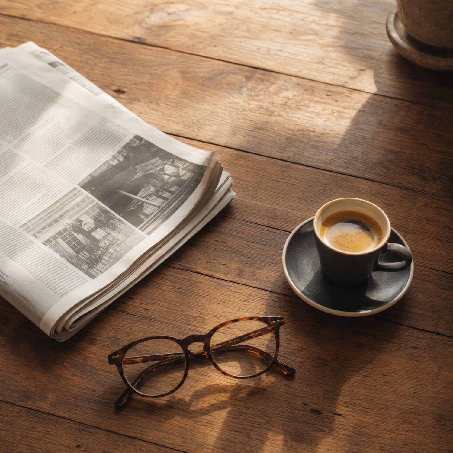 A folded newspaper, glasses and espresso on a table