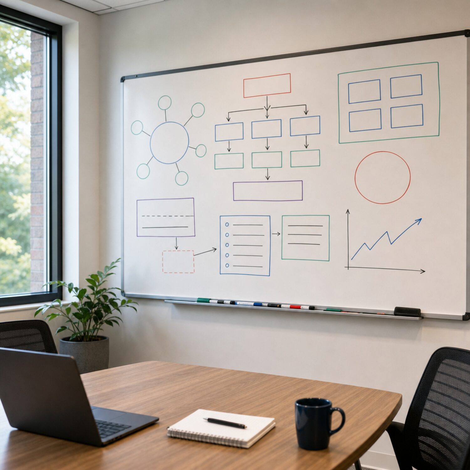 A whiteboard and laptop in a meeting room