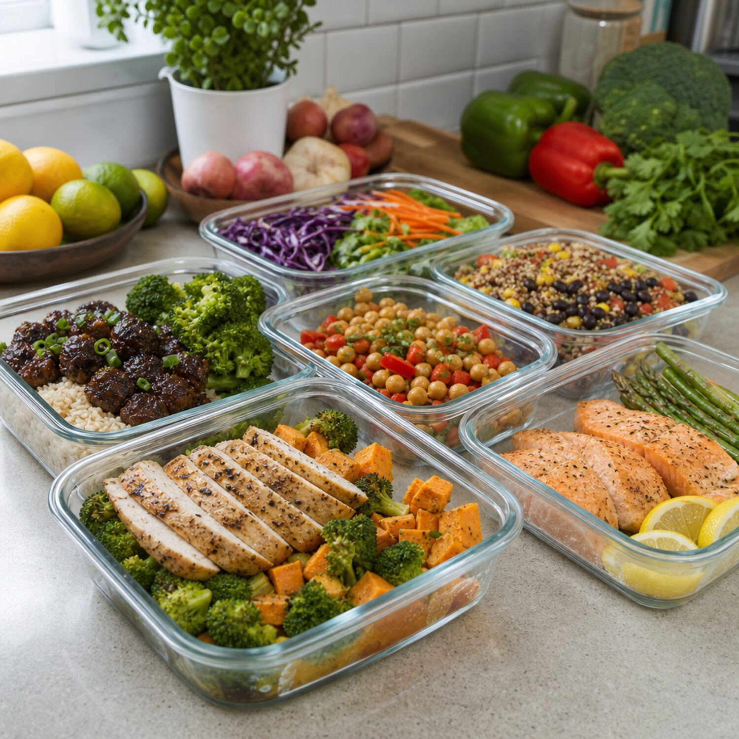 Meal prep containers on a kitchen counter