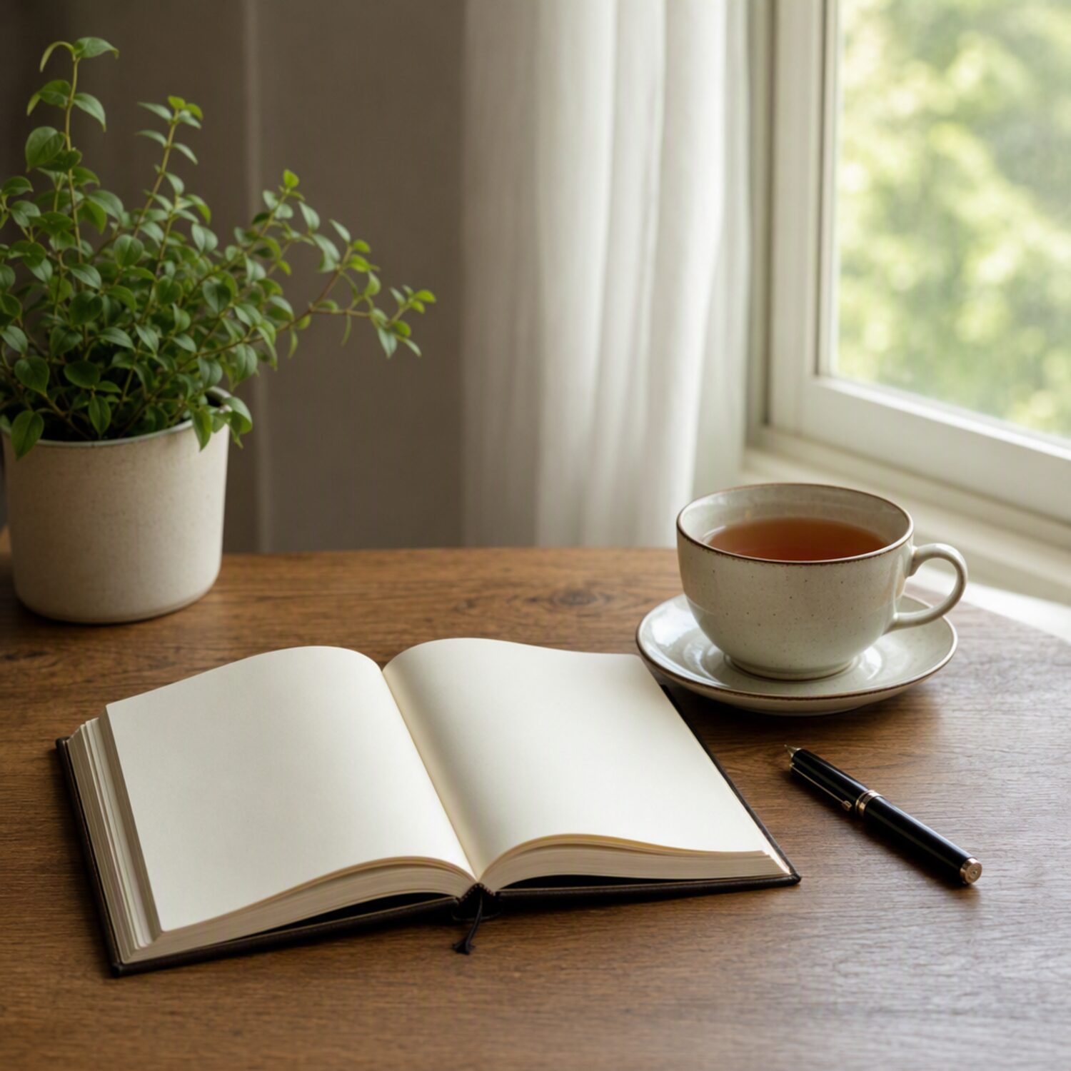 An open journal and tea on a quiet desk