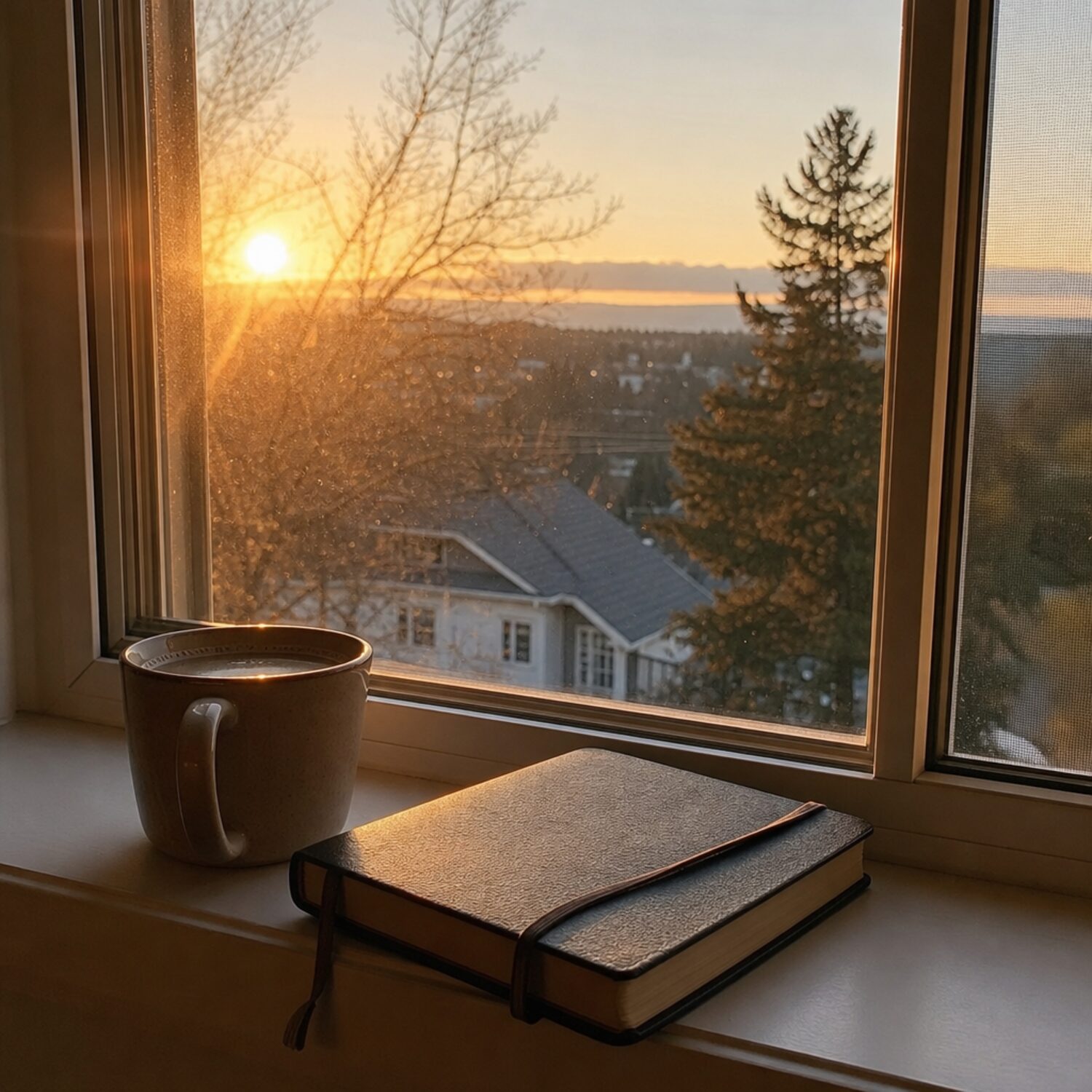 A journal and coffee on a windowsill at sunrise