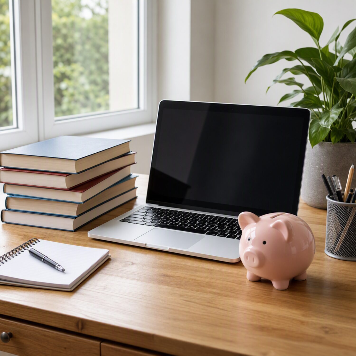 A study desk with books and a piggy bank