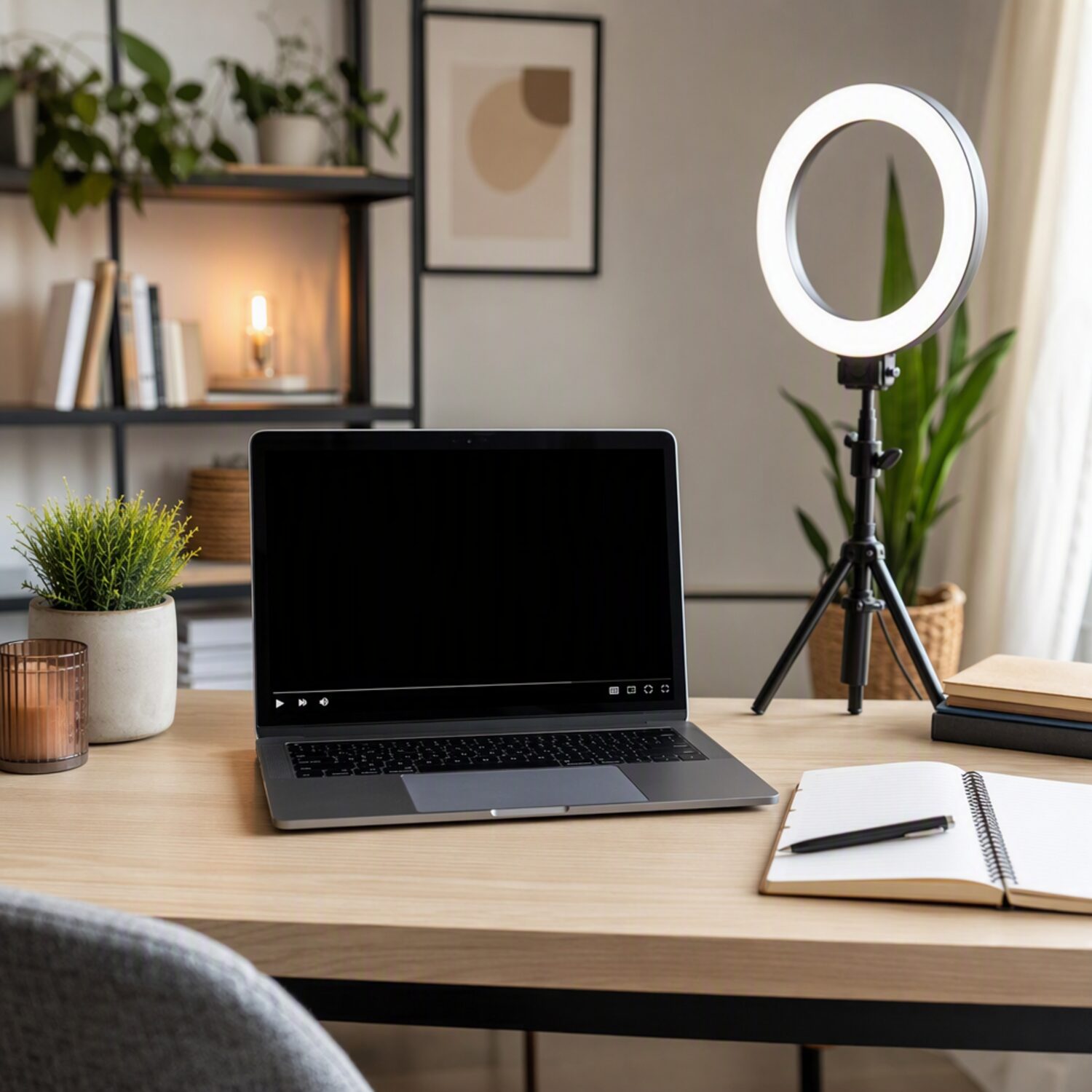 A home teaching setup with a laptop and ring light