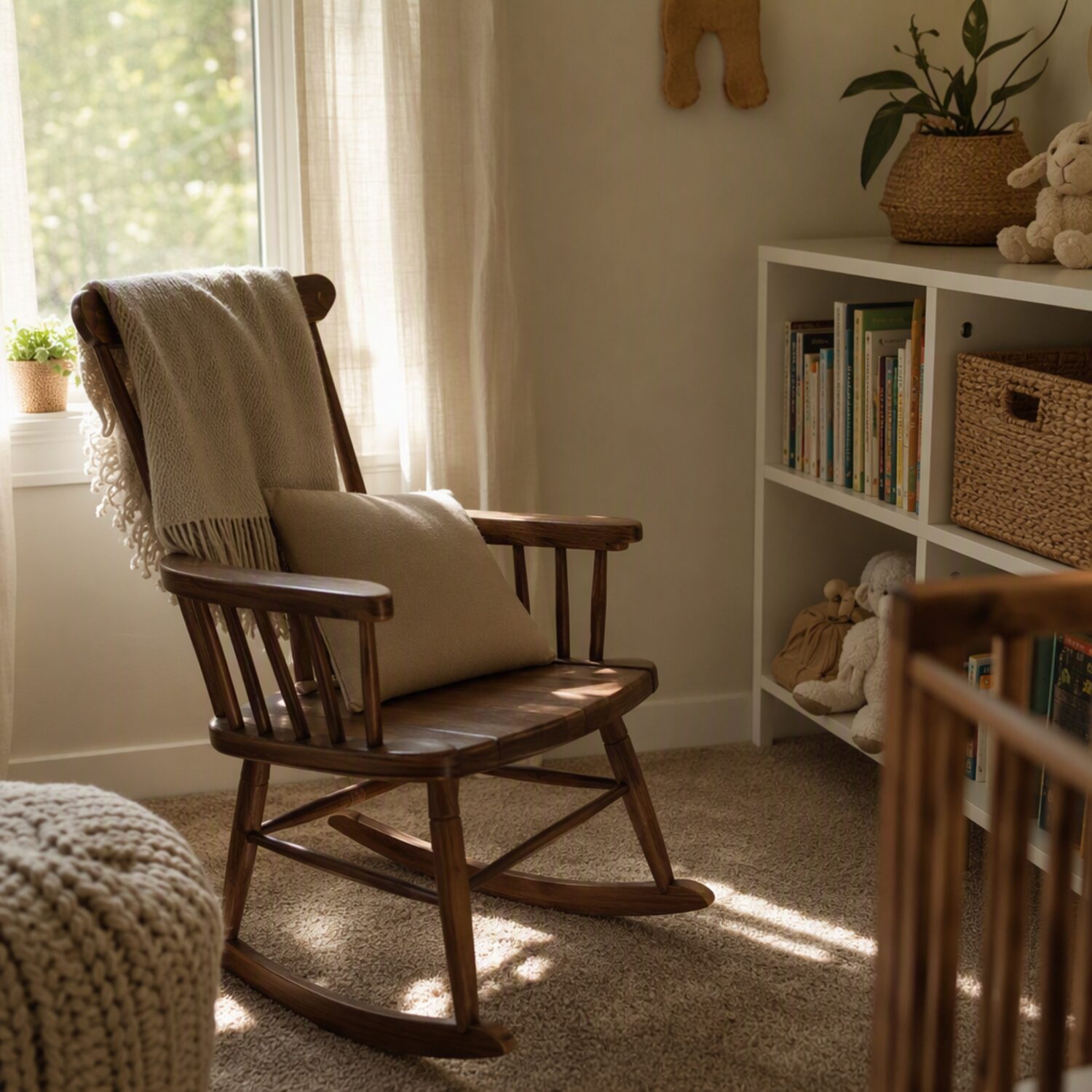 A cosy nursery corner with a chair and books