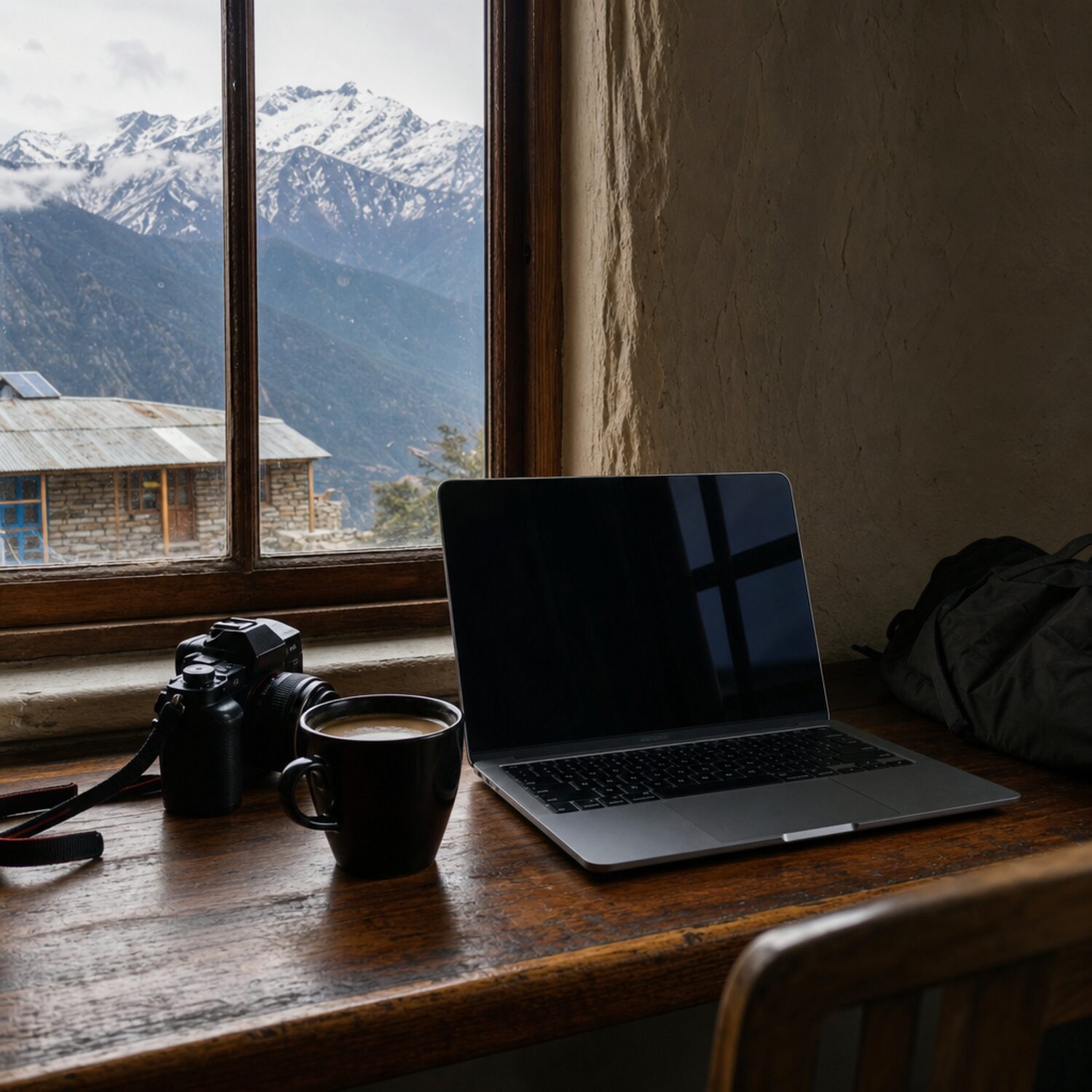 A laptop and camera at a travel desk