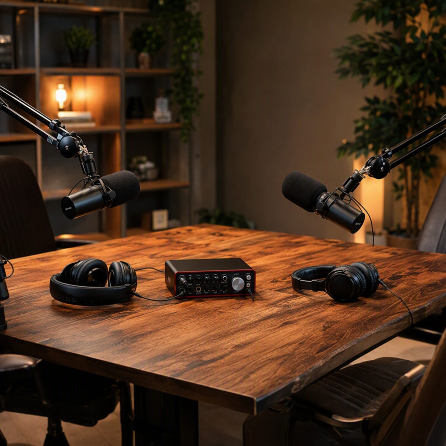 A podcast desk with microphones and headphones