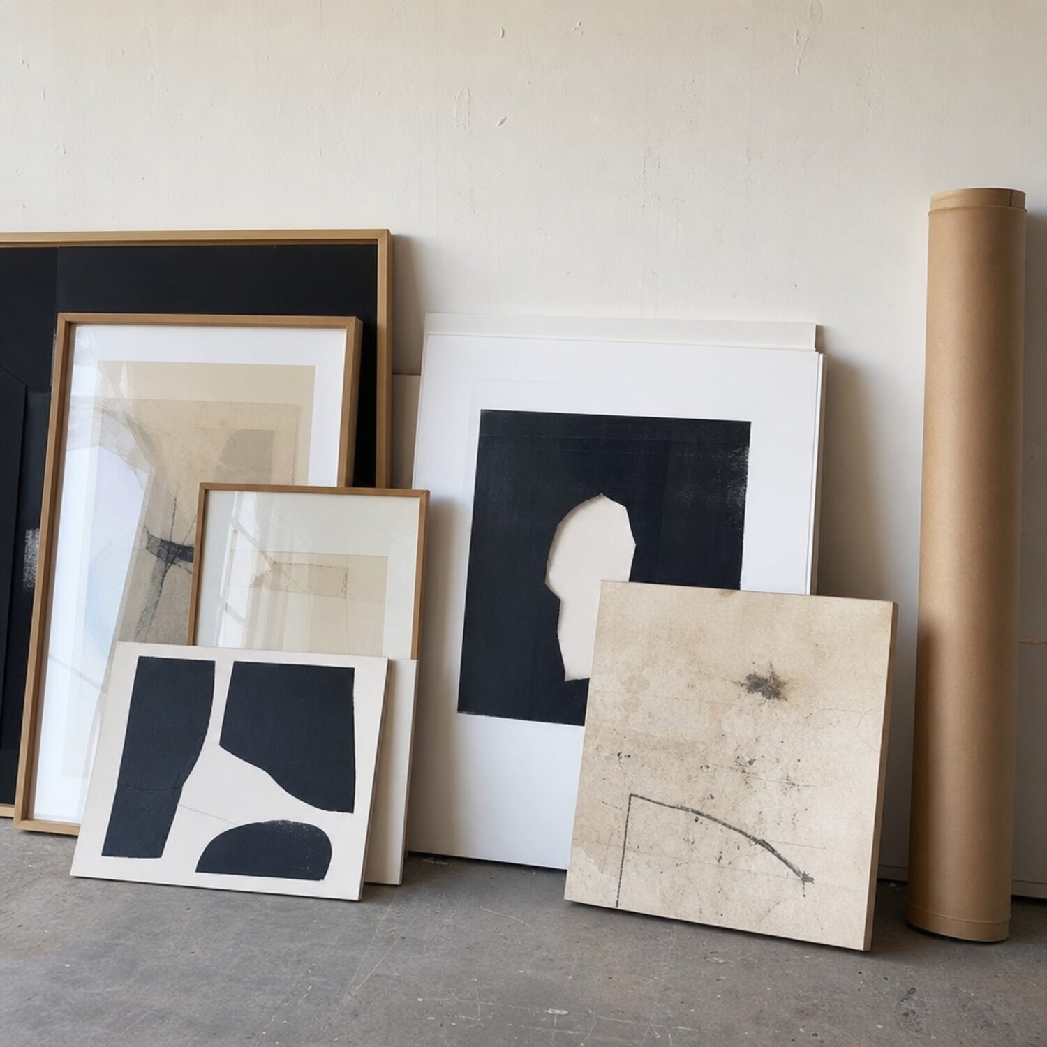 Art prints leaning against a studio wall