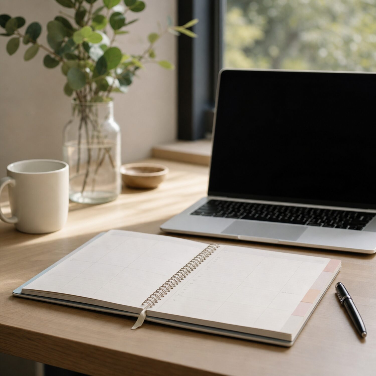 A paper planner and laptop on a tidy desk