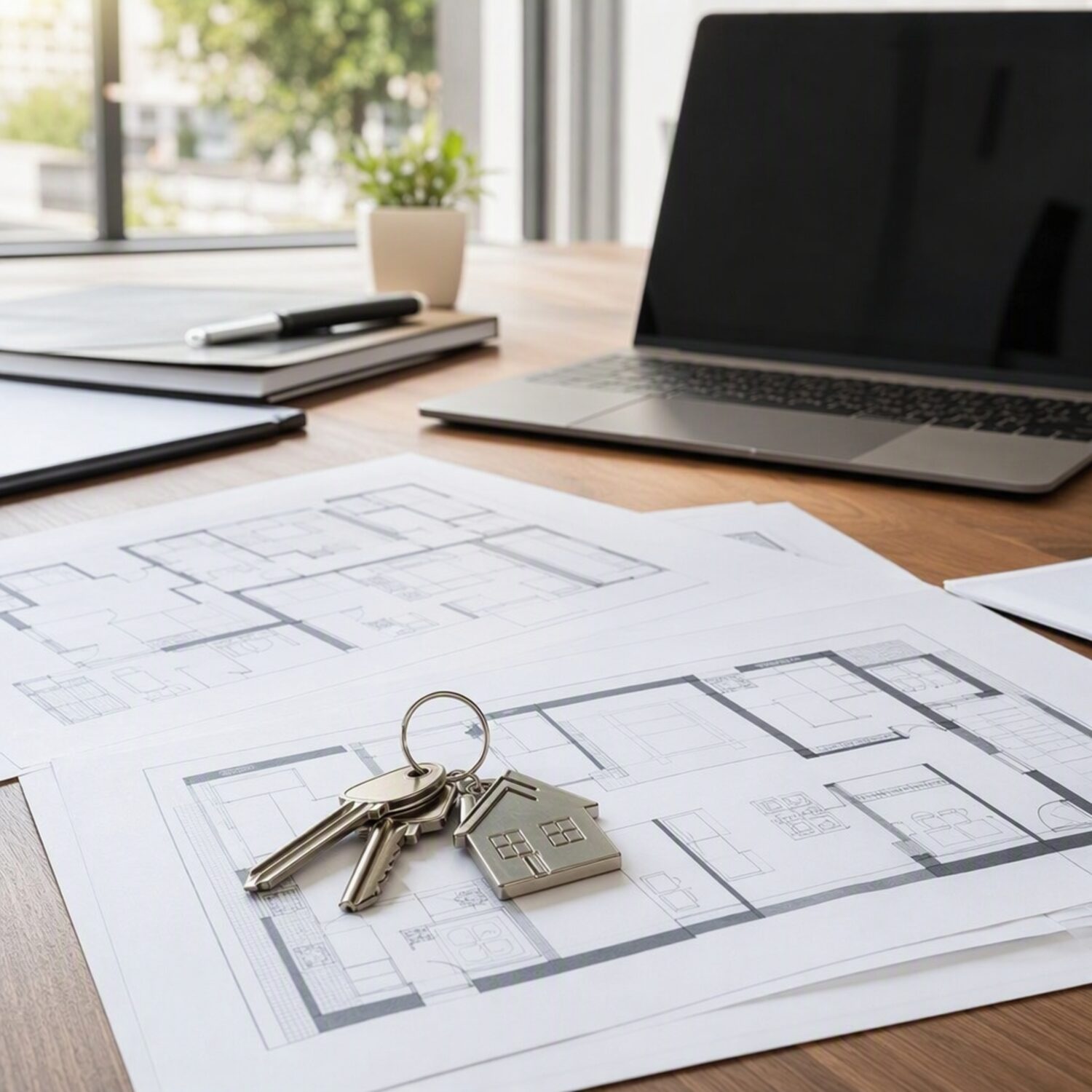 Floor plans and keys on an agent's desk