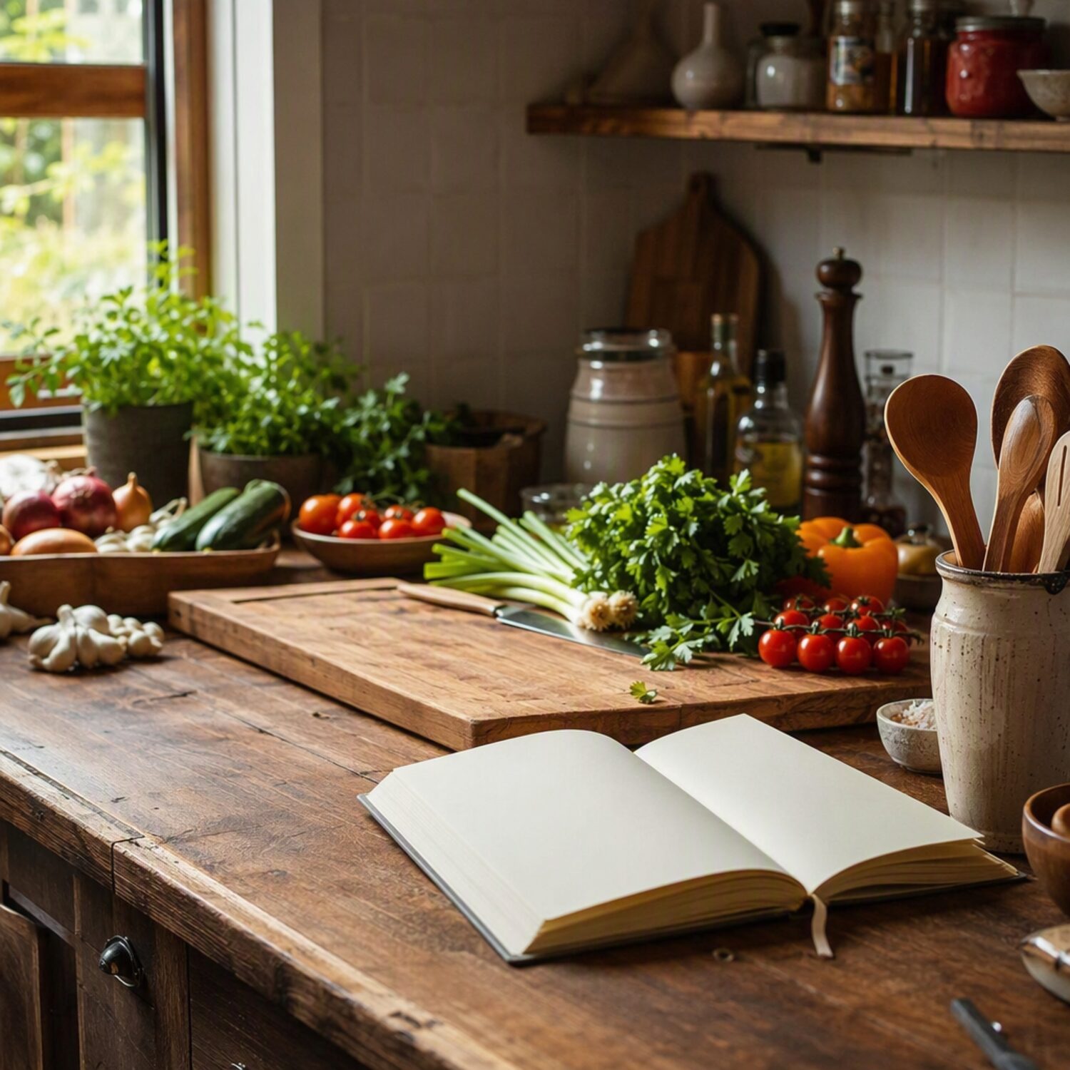 Fresh ingredients on a rustic kitchen counter