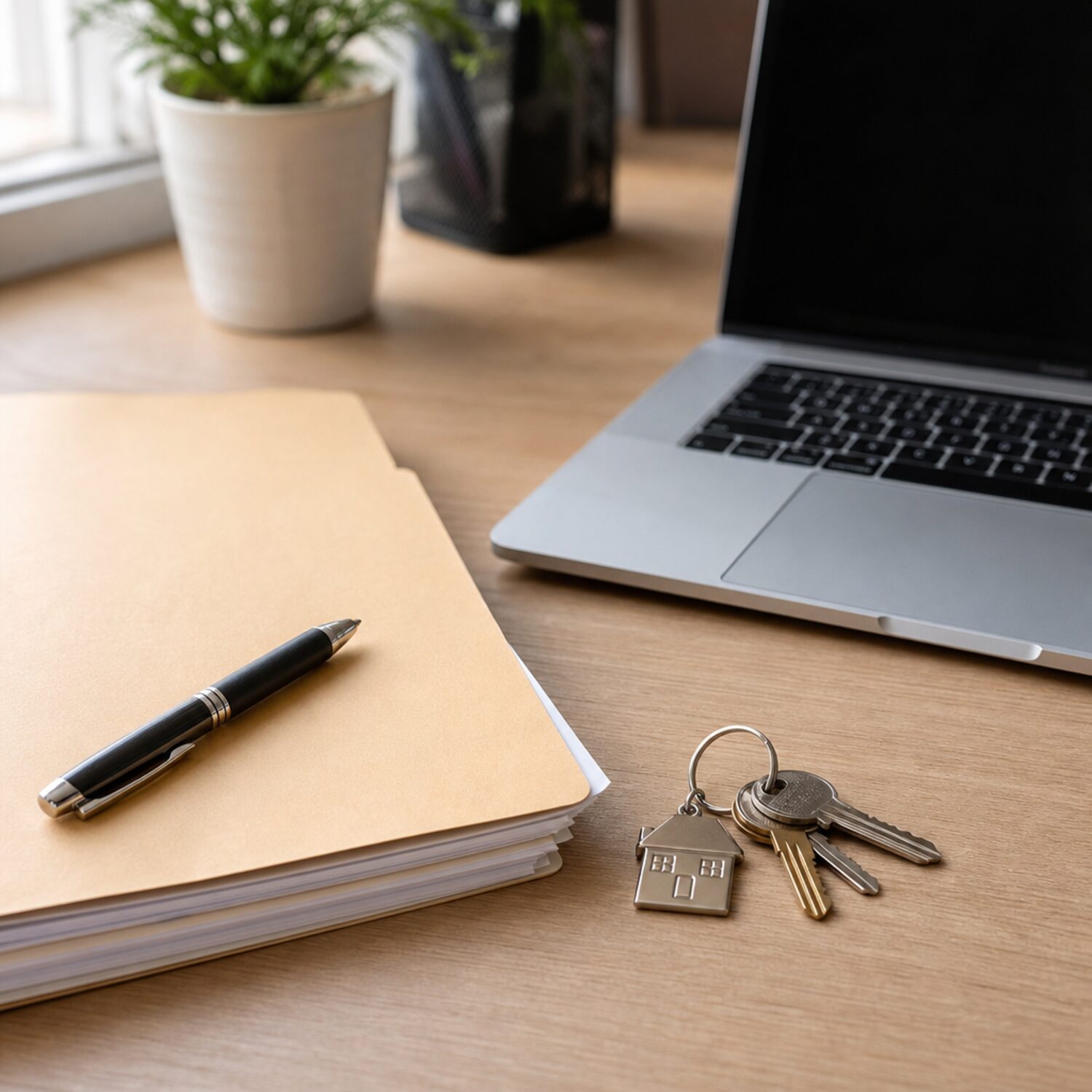 A document folder and keys on a desk