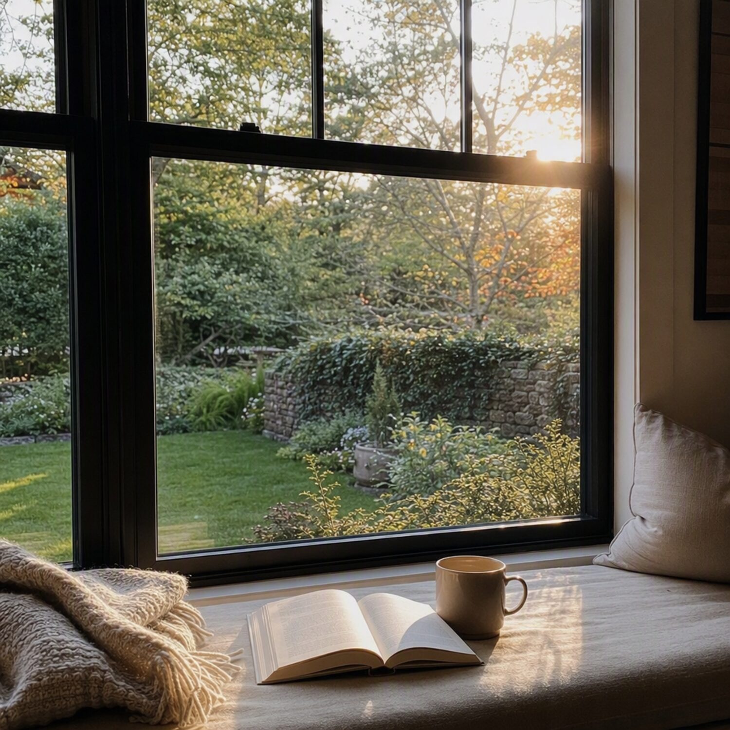 A quiet window seat with a book and a mug