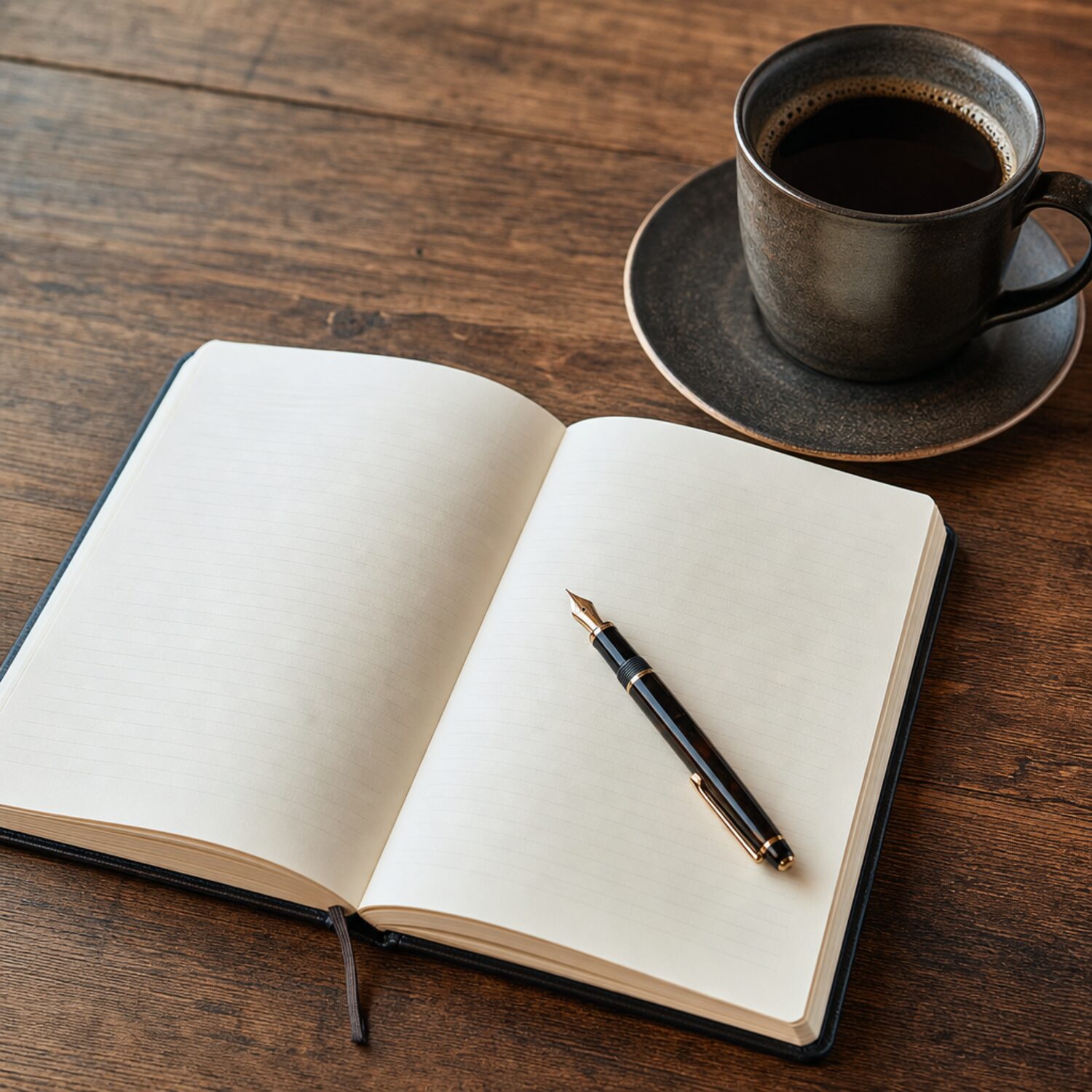 An open notebook and pen on a wooden desk