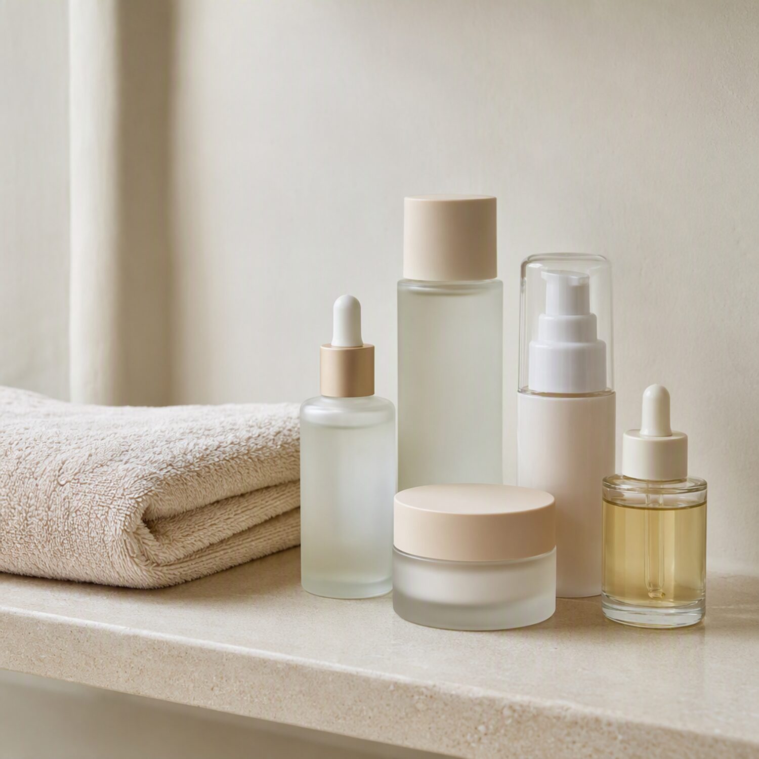 Skincare bottles arranged on a shelf
