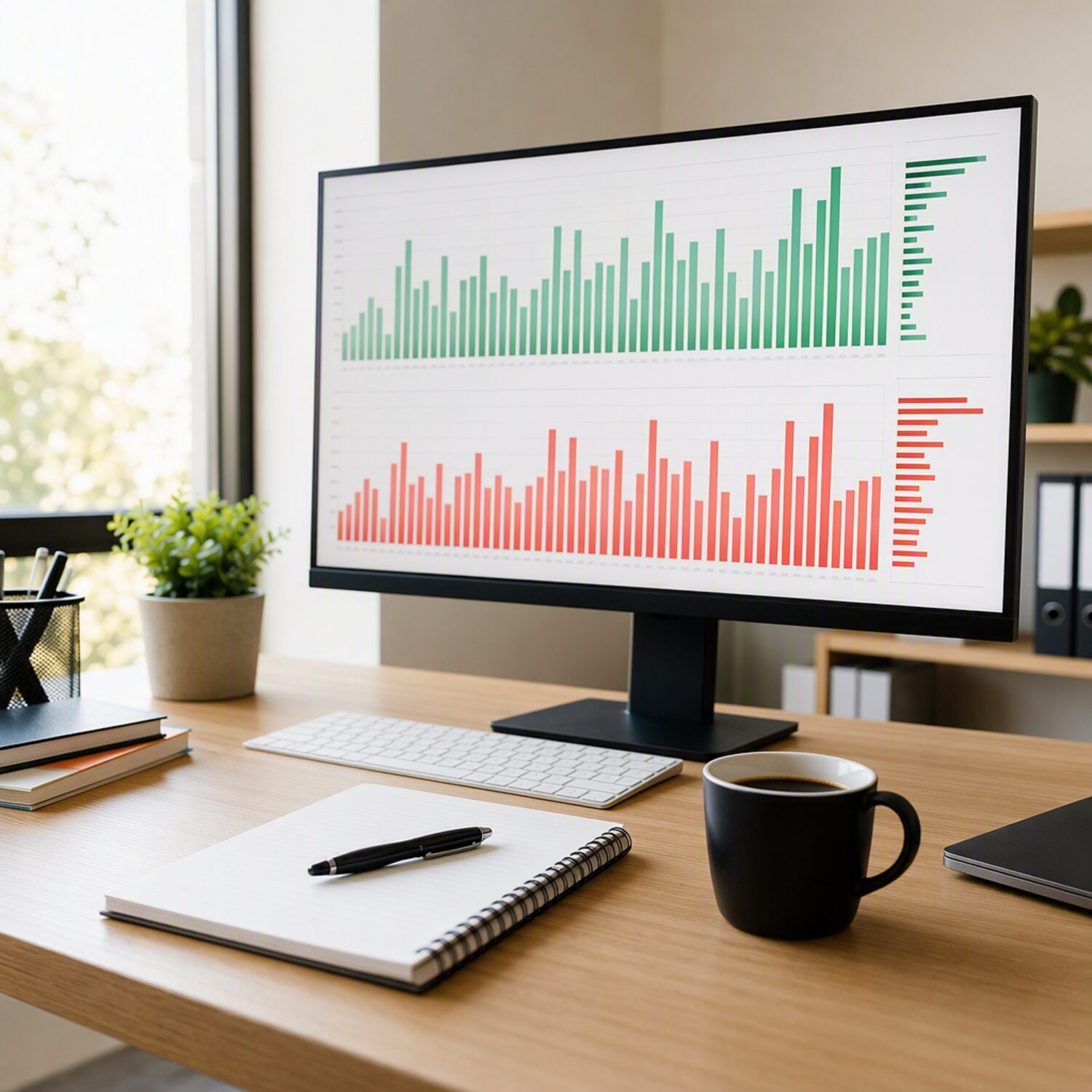 A desk with a monitor showing abstract market charts