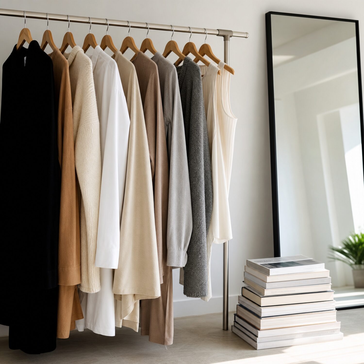 A styled clothing rail beside fashion books