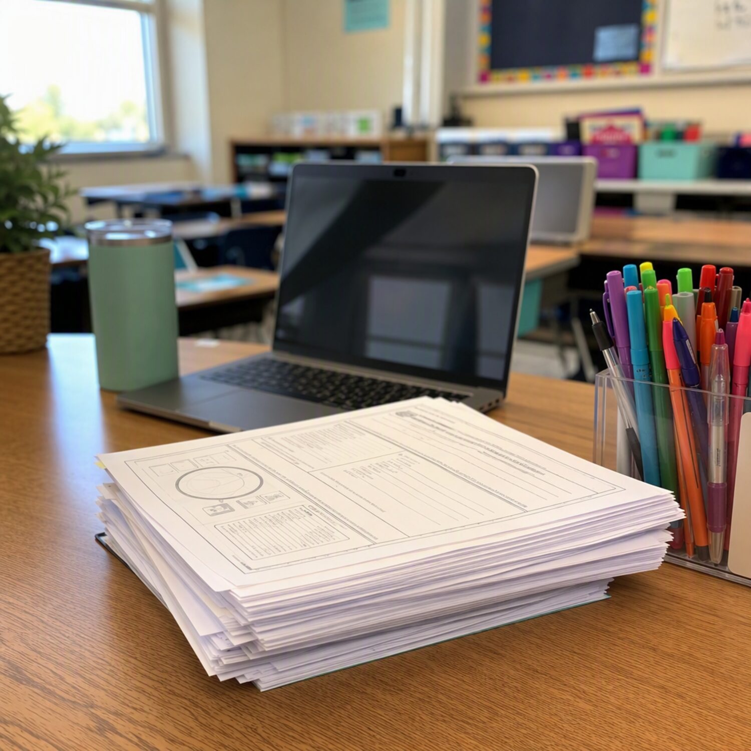 Printed worksheets and a laptop on a teacher's desk