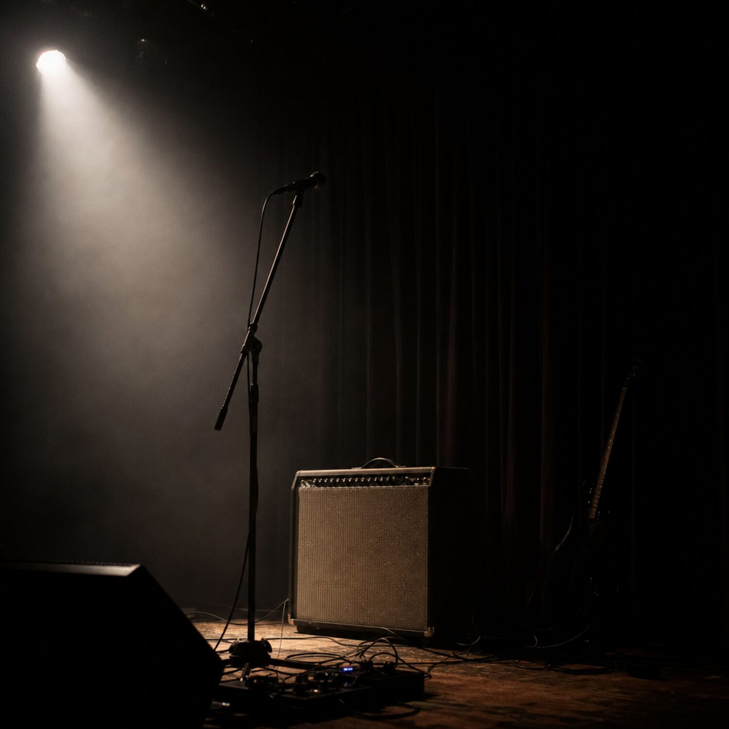 A microphone and amp on a stage before a show