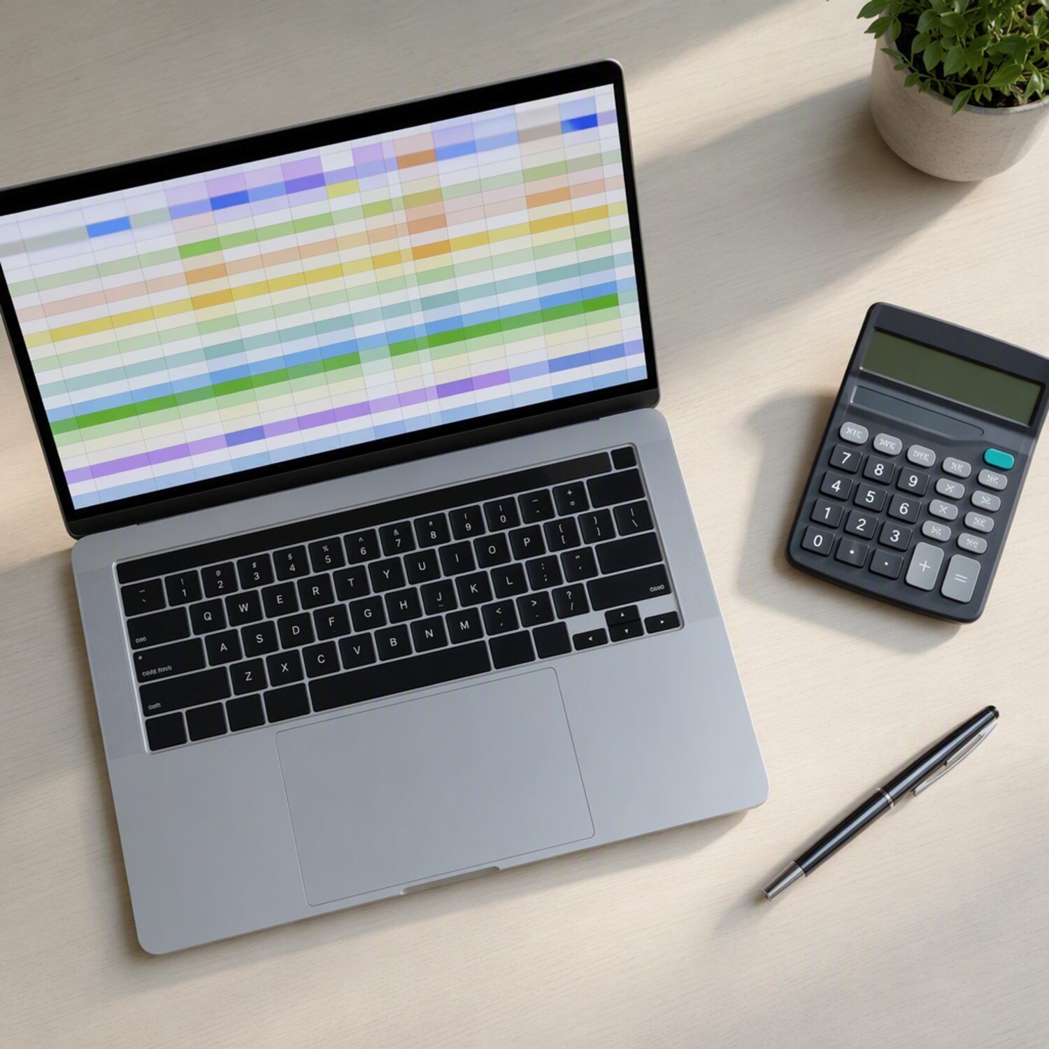 A laptop showing a spreadsheet-style grid on a light desk