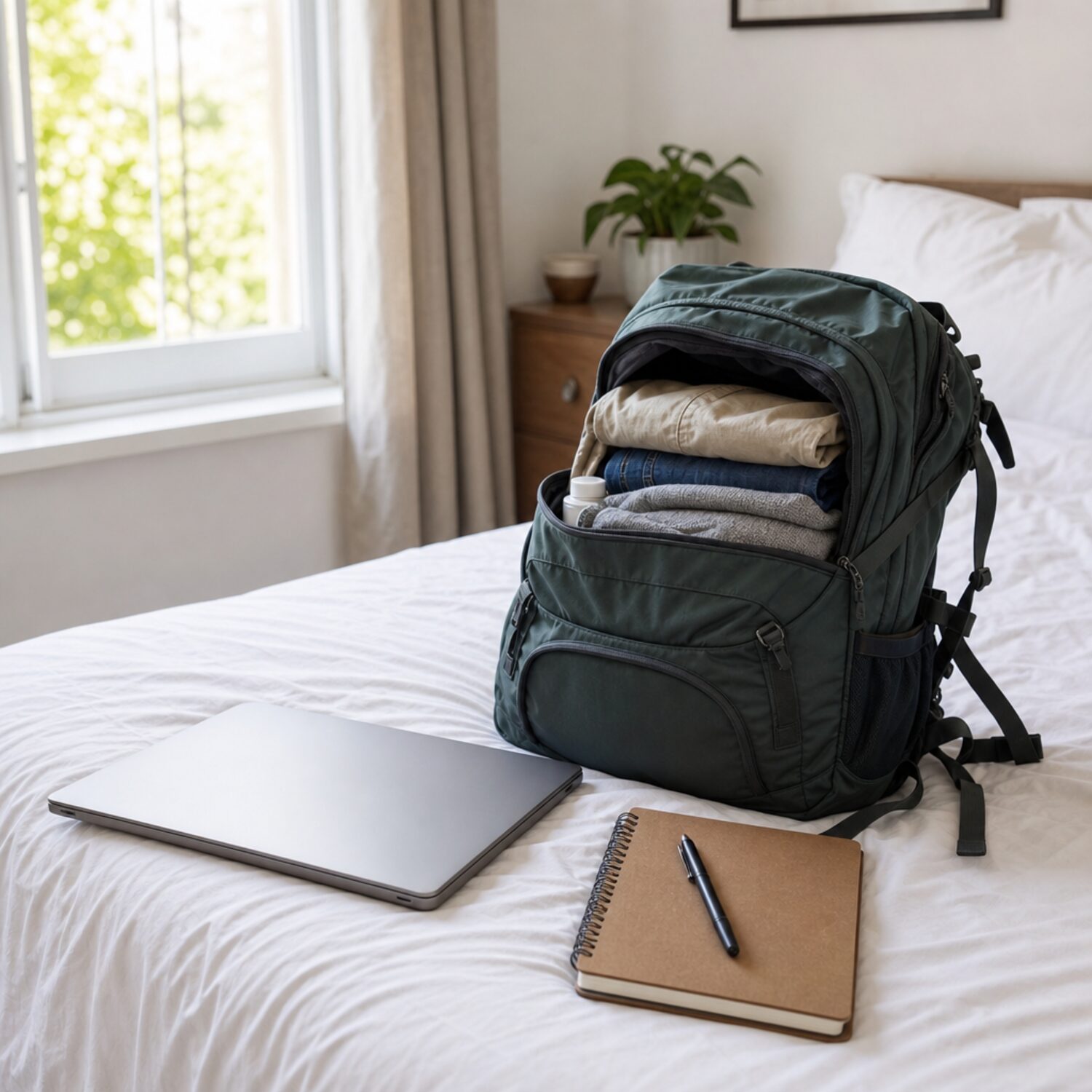 A packed backpack and laptop before a trip