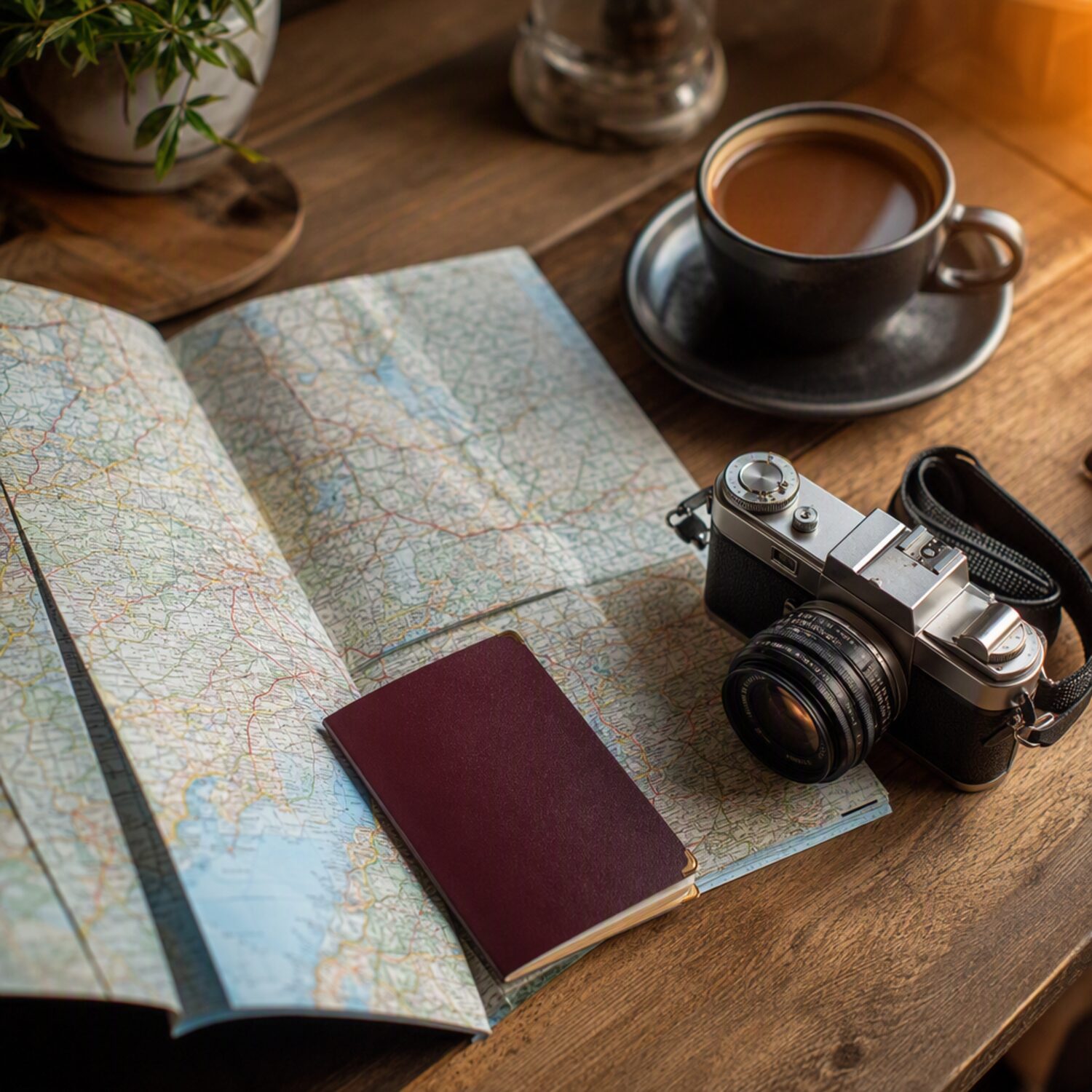 A map, camera and passport on a table