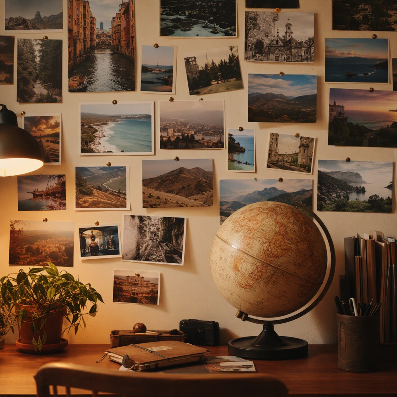 A wall of postcards above a desk with a globe
