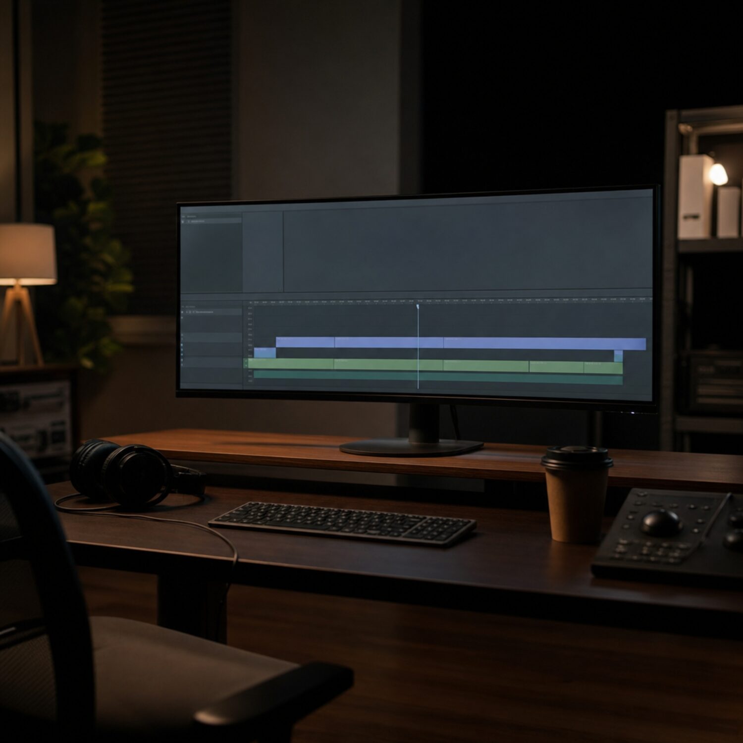 A video editing desk with monitor and headphones